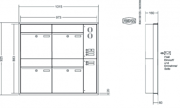 RENZ Briefkastenanlage Unterputz, Renz Plan, Edelstahl V4A, Kastenformat 400x440x160mm, mit Klingel - & Lichttaster und Vorbereitung Gegensprechanlage, 4-teilig, Renz Nummer 60-0-60321