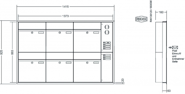 RENZ Briefkastenanlage Unterputz, Renz Plan, Edelstahl V4A, Kastenformat 400x440x160mm, mit Klingel - & Lichttaster und Vorbereitung Gegensprechanlage, 6-teilig, Renz Nummer 60-0-60323