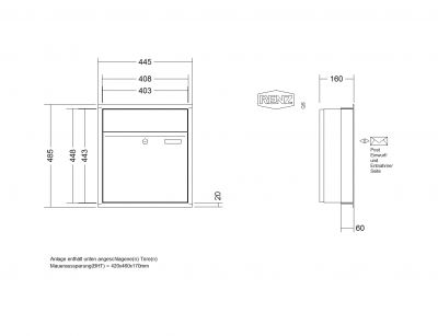 RENZ Briefkastenanlage Unterputz, Renz Plan, Edelstahl V4A, Kastenformat 400x440x160mm, 1-teilig, Renz Nummer 60-0-60009