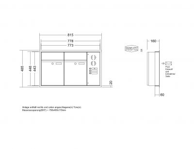 RENZ Briefkastenanlage Unterputz, Renz Plan, Kastenformat 300x440x160mm, mit Klingel - & Lichttaster und Vorbereitung Gegensprechanlage, 2-teilig, Renz Nummer 60-0-60013
