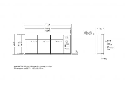 RENZ Briefkastenanlage Unterputz, Renz Plan, Kastenformat 300x440x160mm, mit Klingel - & Lichttaster und Vorbereitung Gegensprechanlage, 3-teilig, Renz Nummer 60-0-60014