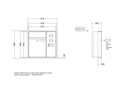 RENZ Briefkastenanlage Unterputz, Renz Plan, Edelstahl V4A, Kastenformat 300x440x160mm, mit Klingel - & Lichttaster und Vorbereitung Gegensprechanlage, 1-teilig, Renz Nummer 60-0-60018