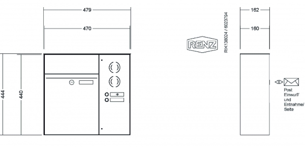 RENZ Briefkastenanlage Aufputz, Renz Plan, Kastenformat 300x440x160mm, mit Klingel - & Lichttaster und Vorbereitung Gegensprechanlage, 1-teilig, Renz Nummer 60-0-60036