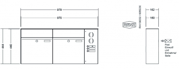 RENZ Briefkastenanlage Aufputz, Renz Plan, Kastenformat 400x440x160mm, mit Klingel - & Lichttaster und Vorbereitung Gegensprechanlage, 2-teilig, Renz Nummer 60-0-60040