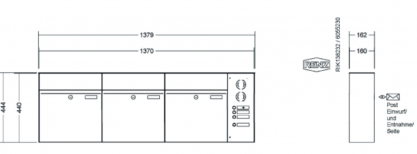 RENZ Briefkastenanlage Aufputz, Renz Plan, Kastenformat 400x440x160mm, mit Klingel - & Lichttaster und Vorbereitung Gegensprechanlage, 3-teilig, Renz Nummer 60-0-60041