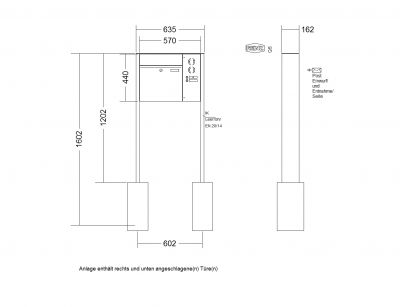 RENZ Briefkastenanlage freistehend, Renz Plan, Edelstahl V4A, Kastenformat 400x440x160mm, mit Klingel - & Lichttaster und Vorbereitung Gegensprechanlage, 1-teilig, Renz Nummer 60-0-60090