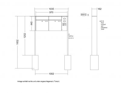 RENZ Briefkastenanlage freistehend, Renz Plan, Edelstahl V4A, Kastenformat 400x440x160mm, mit Klingel - & Lichttaster und Vorbereitung Gegensprechanlage, 2-teilig, Renz Nummer 60-0-60091