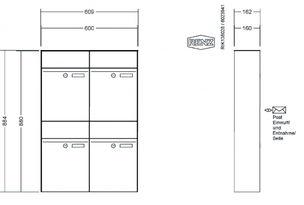 RENZ Briefkastenanlage Aufputz, Renz Plan, Edelstahl V4A, Kastenformat 300x440x160mm, 4-teilig, Renz Nummer 60-0-60330