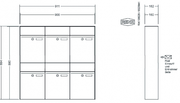 RENZ Briefkastenanlage Aufputz, Renz Plan, Edelstahl V4A, Kastenformat 300x440x160mm, 6-teilig, Renz Nummer 60-0-60332