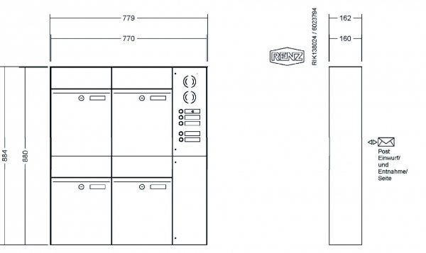 RENZ Briefkastenanlage Aufputz, Renz Plan, Edelstahl V4A, Kastenformat 300x440x160mm, mit Klingel - & Lichttaster und Vorbereitung Gegensprechanlage, 4-teilig, Renz Nummer 60-0-60342