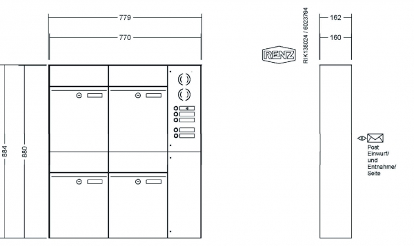 RENZ Briefkastenanlage Aufputz, Renz Plan, Kastenformat 300x440x160mm, mit Klingel - & Lichttaster und Vorbereitung Gegensprechanlage, 4-teilig, Renz Nummer 60-0-60336