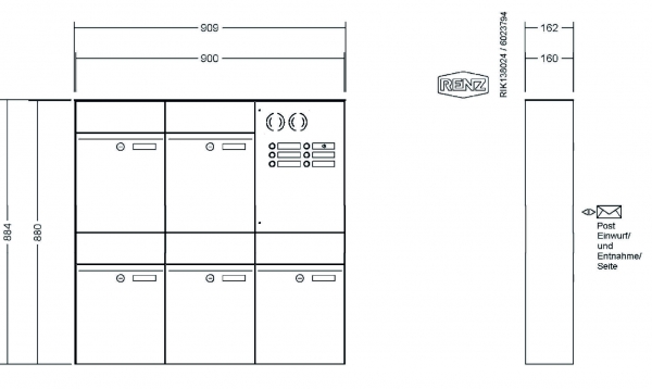 RENZ Briefkastenanlage Aufputz, Renz Plan, Kastenformat 300x440x160mm, mit Klingel - & Lichttaster und Vorbereitung Gegensprechanlage, 5-teilig, Renz Nummer 60-0-60337