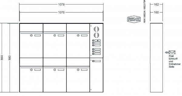 RENZ Briefkastenanlage Aufputz, Renz Plan, Kastenformat 300x440x160mm, mit Klingel - & Lichttaster und Vorbereitung Gegensprechanlage, 6-teilig, Renz Nummer 60-0-60338