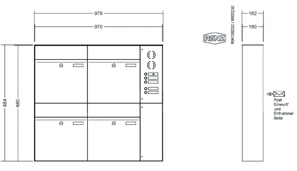 RENZ Briefkastenanlage Aufputz, Renz Plan, Kastenformat 400x440x160mm, mit Klingel - & Lichttaster und Vorbereitung Gegensprechanlage, 4-teilig, Renz Nummer 60-0-60339