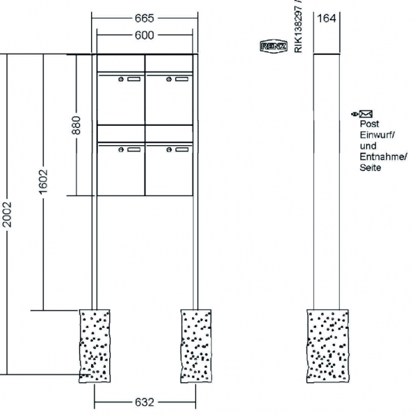 RENZ Briefkastenanlage freistehend, Renz Plan, Kastenformat 300x440x160mm, 4-teilig, Renz Nummer 60-0-60348