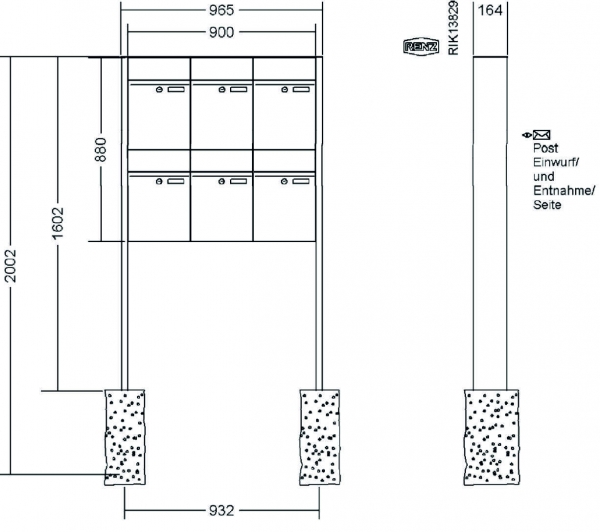 RENZ Briefkastenanlage freistehend, Renz Plan, Kastenformat 300x440x160mm, 6-teilig, Renz Nummer 60-0-60350