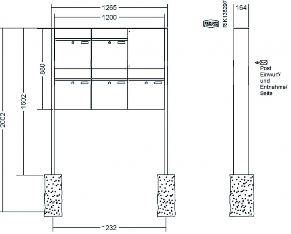RENZ Briefkastenanlage freistehend, Renz Plan, Kastenformat 400x440x160mm, 5-teilig, Renz Nummer 60-0-60355