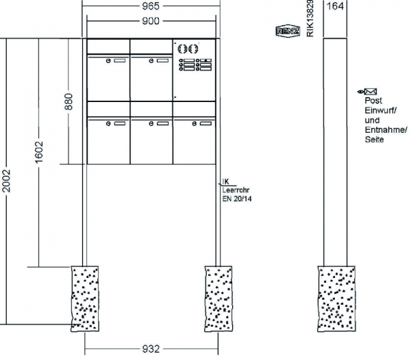 RENZ Briefkastenanlage freistehend, Renz Plan, Kastenformat 300x440x160mm, mit Klingel - & Lichttaster und Vorbereitung Gegensprechanlage, 5-teilig, Renz Nummer 60-0-60361