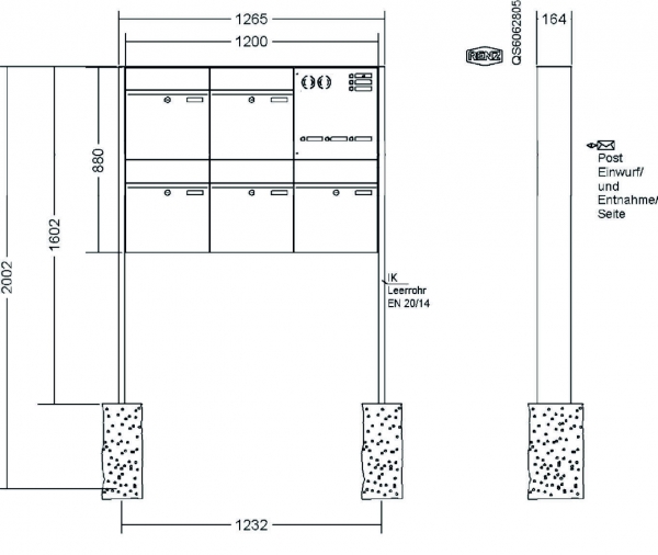 RENZ Briefkastenanlage freistehend, Renz Plan, Kastenformat 400x440x160mm, mit Klingel - & Lichttaster und Vorbereitung Gegensprechanlage, 5-teilig, Renz Nummer 60-0-60367