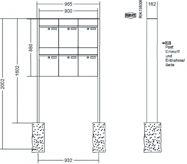 RENZ Briefkastenanlage freistehend, Renz Plan, Edelstahl V4A, Kastenformat 300x440x160mm, 6-teilig, Renz Nummer 60-0-60374