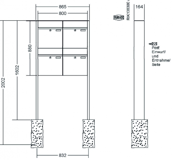RENZ Briefkastenanlage freistehend, Renz Plan, Edelstahl V4A, Kastenformat 400x440x160mm, 4-teilig, Renz Nummer 60-0-60378