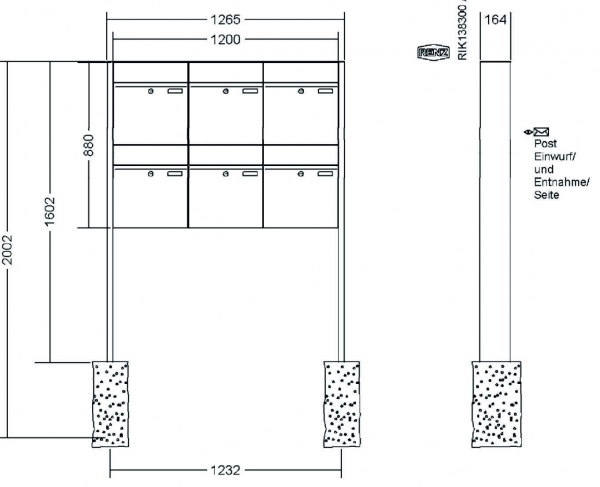 RENZ Briefkastenanlage freistehend, Renz Plan, Edelstahl V4A, Kastenformat 400x440x160mm, 6-teilig, Renz Nummer 60-0-60380