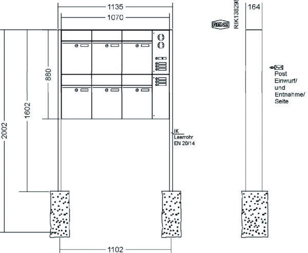 RENZ Briefkastenanlage freistehend, Renz Plan, Edelstahl V4A, Kastenformat 300x440x160mm, mit Klingel - & Lichttaster und Vorbereitung Gegensprechanlage, 6-teilig, Renz Nummer 60-0-60386