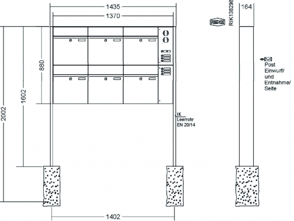 RENZ Briefkastenanlage freistehend, Renz Plan, Edelstahl V4A, Kastenformat 400x440x160mm, mit Klingel - & Lichttaster und Vorbereitung Gegensprechanlage, 6-teilig, Renz Nummer 60-0-60392