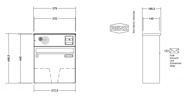 RENZ Briefkastenanlage Aufputz Classic Basic B Kastenformat 370x330x145mm, mit Klingel - & Lichttaster und Vorbereitung Gegensprechanlage, 1-teilig, Renz Nummer 10-0-35063