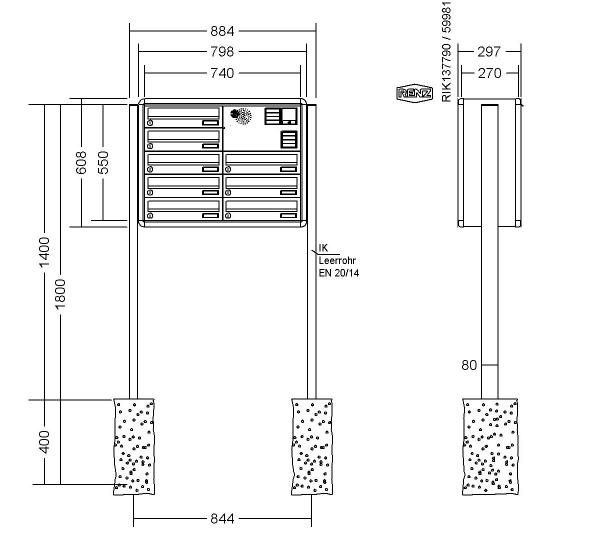 RENZ Briefkastenanlage freistehend, RS4000, Kastenformat 370x110x270mm, 8-teilig, zum Einbetonieren, Vorbereitung Gegensprechanlage