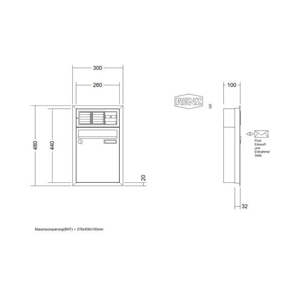 RENZ Briefkastenanlage Unterputz, Eckrahmen, Kastenformat 260x330x100mm, mit Klingel - & Lichttaster und Vorbereitung Gegensprechanlage, 1-teilig, Renz Nummer 10-0-25011