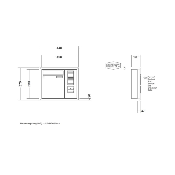 RENZ Briefkastenanlage Unterputz, Eckrahmen, Kastenformat 260x330x100mm, mit Klingel - & Lichttaster und Vorbereitung Gegensprechanlage, 1-teilig, Renz Nummer 10-0-25069