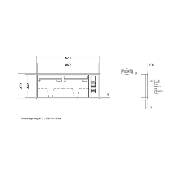 RENZ Briefkastenanlage Unterputz, Eckrahmen, Kastenformat 370x330x100mm, mit Klingel - & Lichttaster und Vorbereitung Gegensprechanlage, 2-teilig, Renz Nummer 10-0-25105