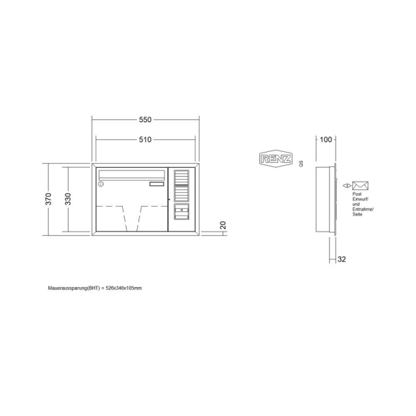 RENZ Briefkastenanlage Unterputz, Eckrahmen, Kastenformat 370x330x100mm, mit Klingel - & Lichttaster und Vorbereitung Gegensprechanlage, 1-teilig, Renz Nummer 10-0-25079