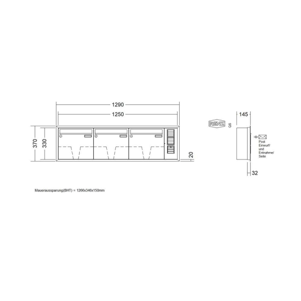 RENZ Briefkastenanlage Unterputz, Eckrahmen, Kastenformat 370x330x145mm, mit Klingel - & Lichttaster und Vorbereitung Gegensprechanlage, 3-teilig, Renz Nummer 10-0-35133