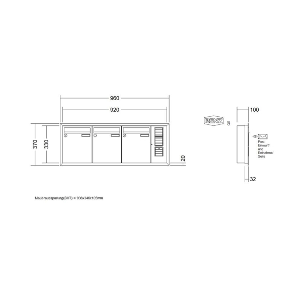 RENZ Briefkastenanlage Unterputz, Eckrahmen, Kastenformat 260x330x100mm, mit Klingel - & Lichttaster und Vorbereitung Gegensprechanlage, 3-teilig, Renz Nummer 10-0-25131