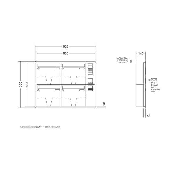 RENZ Briefkastenanlage Unterputz, Eckrahmen, Kastenformat 370x330x145mm, mit Klingel - & Lichttaster und Vorbereitung Gegensprechanlage, 4-teilig, Renz Nummer 10-0-35134