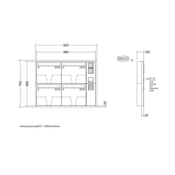 RENZ Briefkastenanlage Unterputz, Eckrahmen, Kastenformat 370x330x100mm, mit Klingel - & Lichttaster und Vorbereitung Gegensprechanlage, 4-teilig, Renz Nummer 10-0-25177