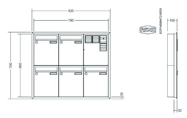 RENZ Briefkastenanlage Unterputz, Eckrahmen, Kastenformat 260x330x100mm, mit Klingel - & Lichttaster und Vorbereitung Gegensprechanlage, 5-teilig