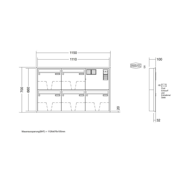 RENZ Briefkastenanlage Unterputz, Eckrahmen, Kastenformat 370x330x100mm, mit Klingel - & Lichttaster und Vorbereitung Gegensprechanlage, 5-teilig, Renz Nummer 10-0-25237
