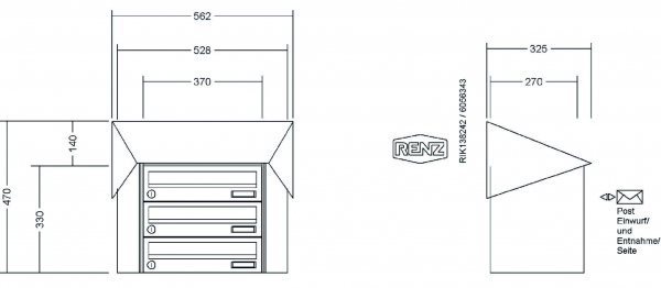 RENZ Briefkastenanlage Aufputz, Verkleidung Prisma, Kastenformat 370x110x270mm, 3-teilig