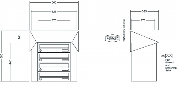 RENZ Briefkastenanlage, Aufputz, Prisma, Edelstahl V4A, Kastenformat 370x110x270mm, 4-teilig
