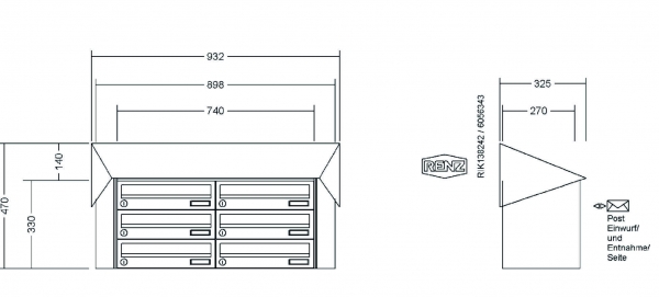RENZ Briefkastenanlage Aufputz, Verkleidung Prisma, Kastenformat 370x110x270mm, 6-teilig