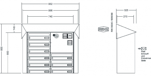 RENZ Briefkastenanlage, Aufputz, Prisma, Edelstahl V4A, Kastenformat 370x110x270mm, mit Klingel - & Lichttaster und Vorbereitung Gegensprechanlage, 9-teilig