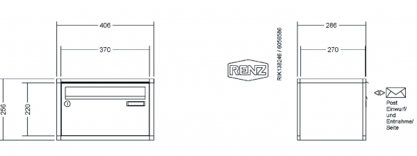 RENZ Briefkastenanlage Aufputz, Verkleidung Quadra, Kastenformat 370x220x270mm, 1-teilig