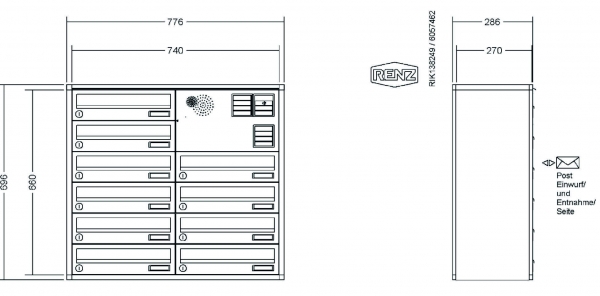RENZ Briefkastenanlage Aufputz, Verkleidung Quadra, Kastenformat 370x110x270mm, 10-teilig, Vorbereitung Gegensprechanlage