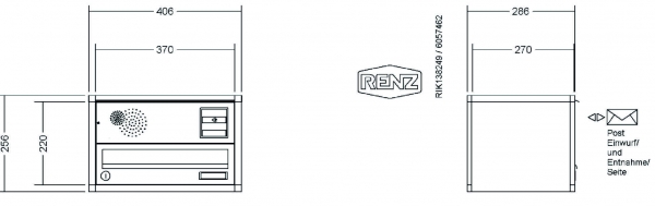 RENZ Briefkastenanlage Aufputz, Verkleidung Quadra, Kastenformat 370x110x270mm, 1-teilig, Vorbereitung Gegensprechanlage