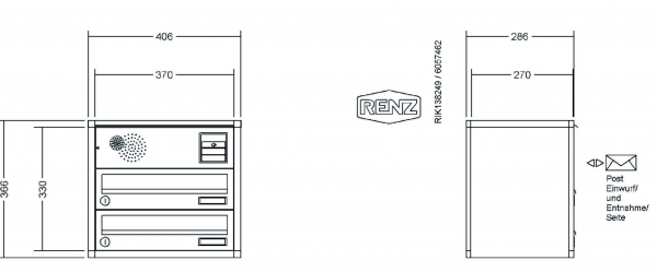 RENZ Briefkastenanlage Aufputz, Verkleidung Quadra, Kastenformat 370x110x270mm, 2-teilig, Vorbereitung Gegensprechanlage