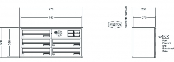 RENZ Briefkastenanlage Aufputz, Verkleidung Quadra, Kastenformat 370x110x270mm, 5-teilig, Vorbereitung Gegensprechanlage