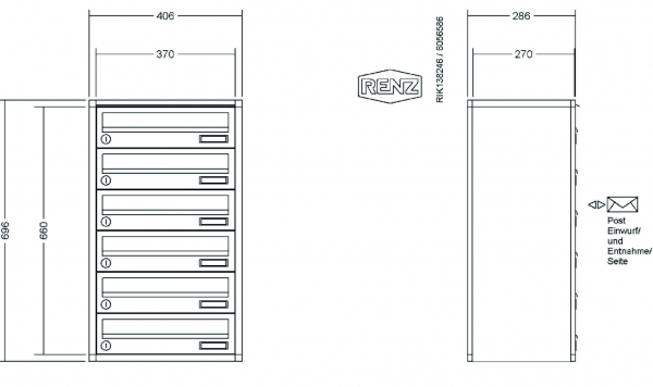 RENZ Briefkastenanlage Aufputz, Verkleidung Quadra, Kastenformat 370x110x270mm, 6-teilig